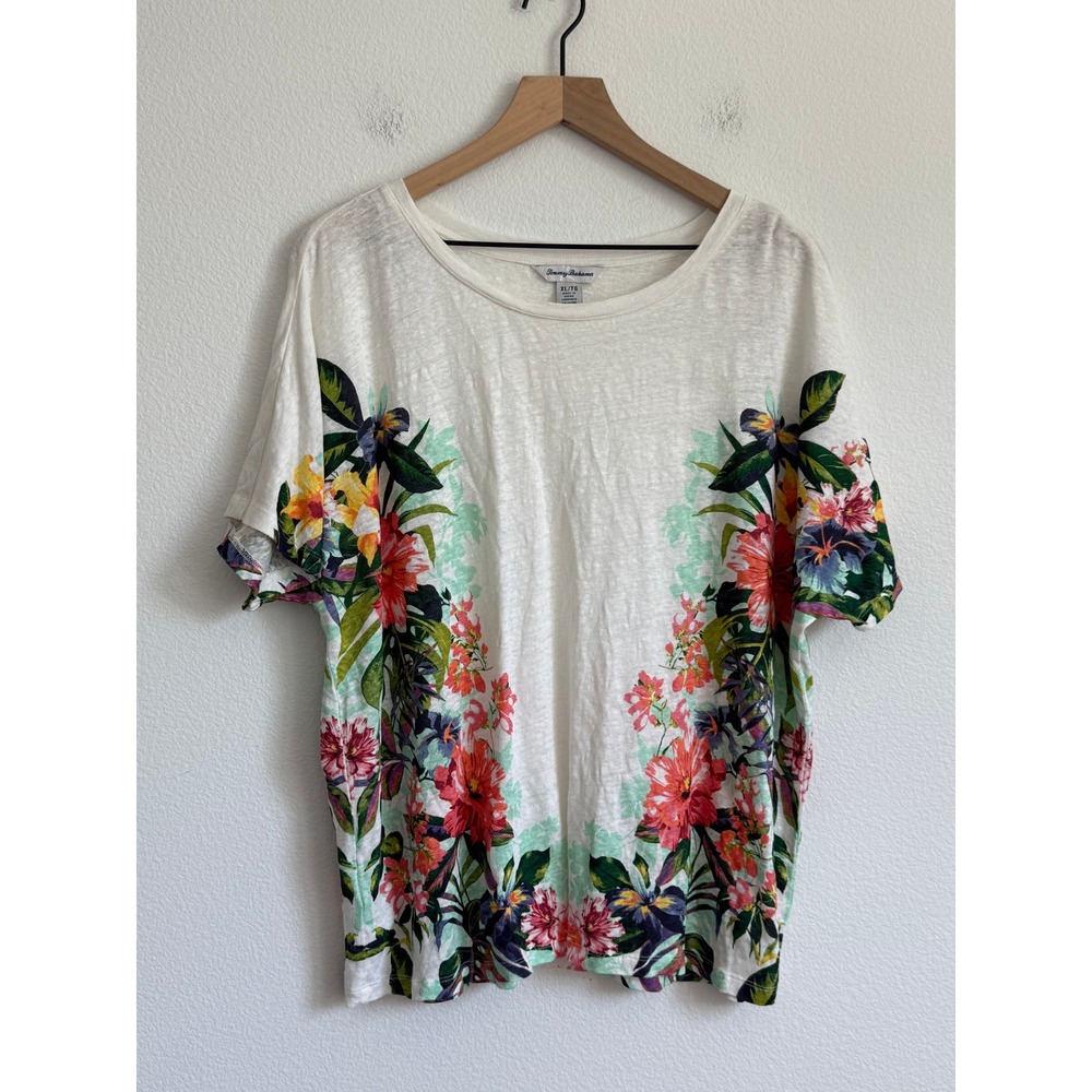 Tommy Bahama White Linen Tropical Floral Tee XL Coastal Grandmother Vacation
